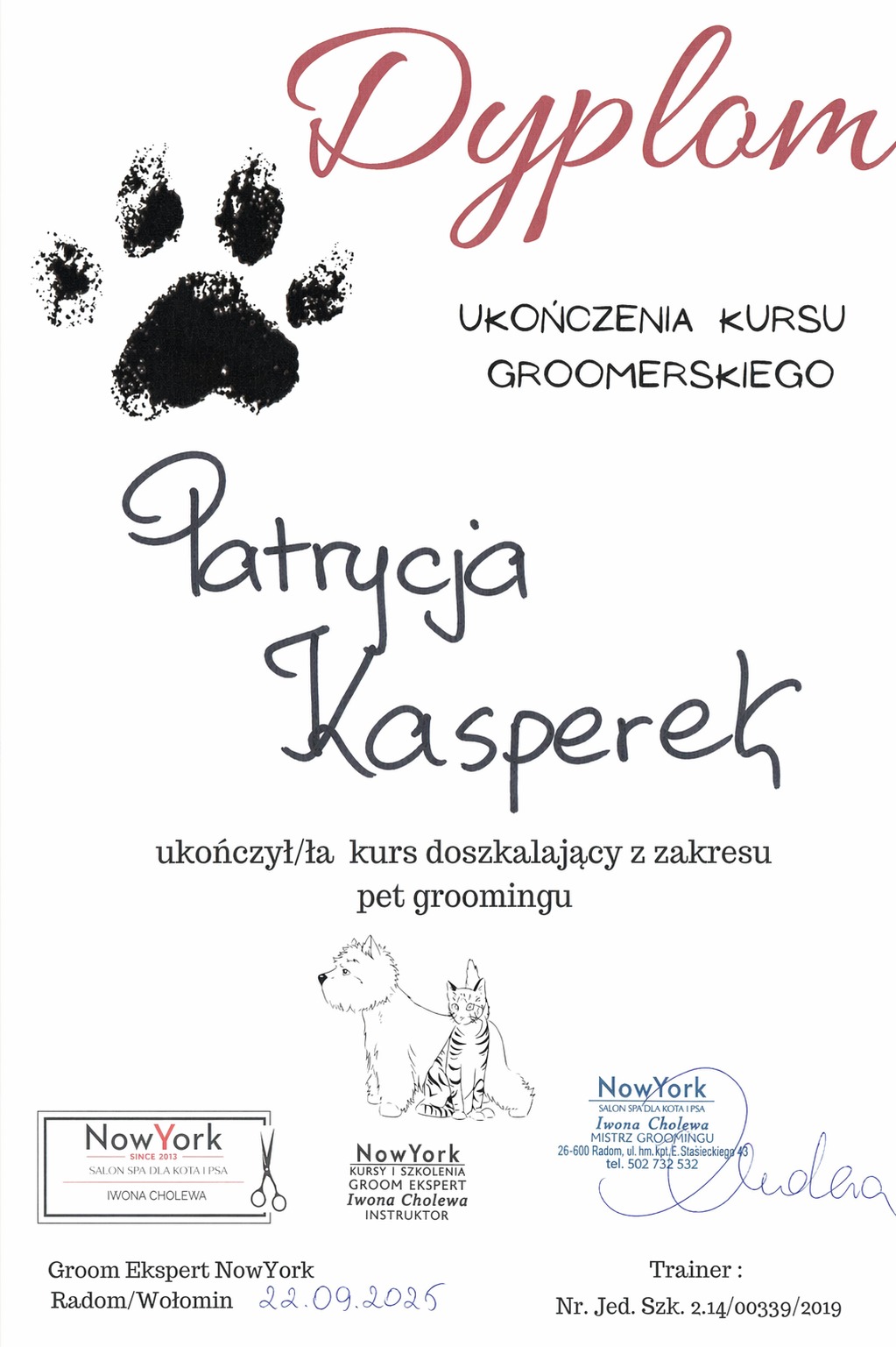 Groom Ekspert NowYork — Dyplom kursu doszkalającego z zakresu pet groomingu