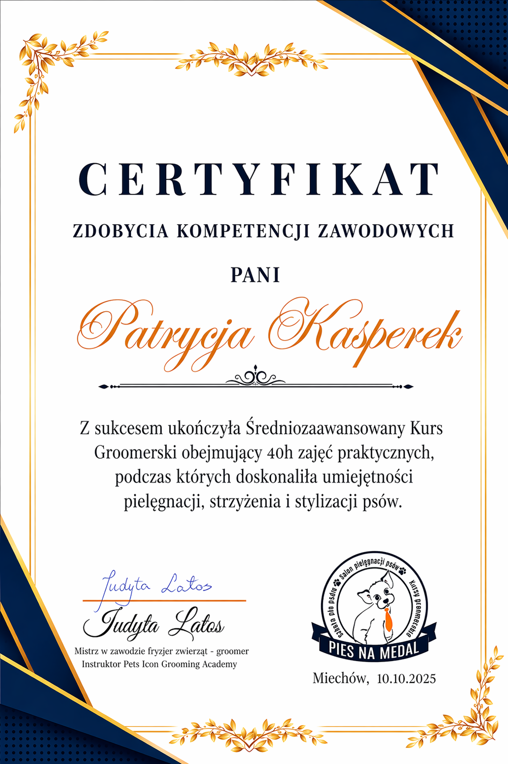 Pies na Medal — Certyfikat kompetencji — kurs średniozaawansowany (40 h praktyki)